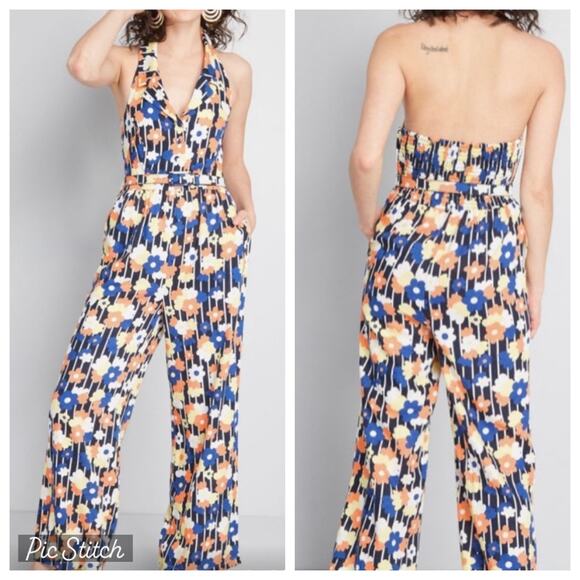 Modcloth Pants - MODCLOTH LINEN BLEND FLORAL HALTER JUMPSUIT SIZE MEDIUM
